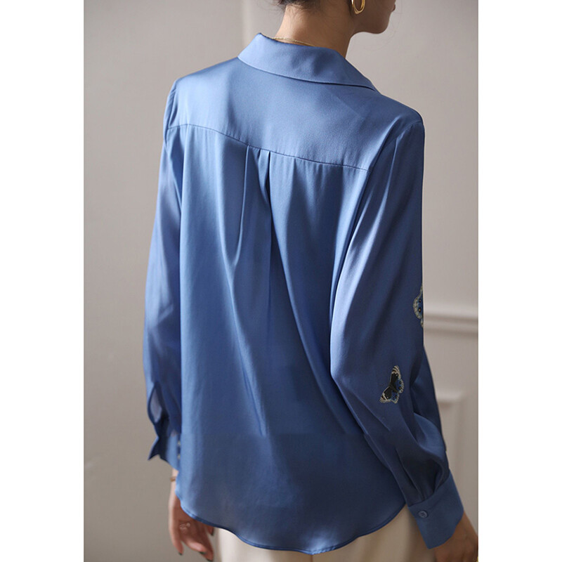 2023. gada modes pogas Zīda krekls Sieviešu garām piedurknēm ar zilu apdruku, satīna blūze ikdienišķa eleganta, nolaižama apkakle, biroja sieviešu topi 25256