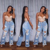 Džinsi Sieviešu garās bikses Elegantas, savienotas džinsa bikses Slim Fit Sexy caurums ar augstu vidukli, poga, kabata, taisnas bikses, 2024. gada vasara