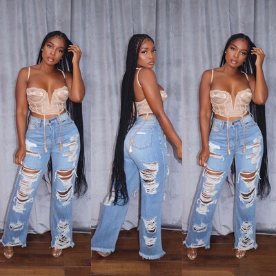 Džinsi Sieviešu garās bikses Elegantas, savienotas džinsa bikses Slim Fit Sexy caurums ar augstu vidukli, poga, kabata, taisnas bikses, 2024. gada vasara