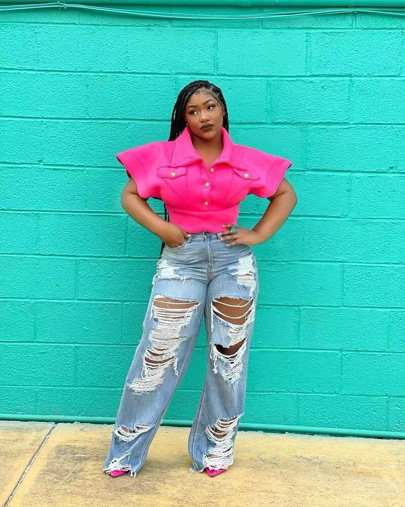 Džinsi Sieviešu garās bikses Elegantas, savienotas džinsa bikses Slim Fit Sexy caurums ar augstu vidukli, poga, kabata, taisnas bikses, 2024. gada vasara