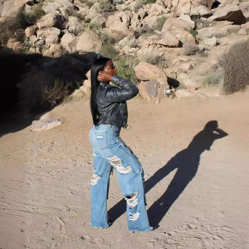 Džinsi Sieviešu garās bikses Elegantas, savienotas džinsa bikses Slim Fit Sexy caurums ar augstu vidukli, poga, kabata, taisnas bikses, 2024. gada vasara