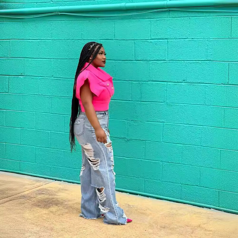 Džinsi Sieviešu garās bikses Elegantas, savienotas džinsa bikses Slim Fit Sexy caurums ar augstu vidukli, poga, kabata, taisnas bikses, 2024. gada vasara