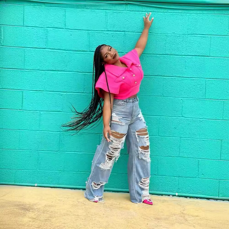 Džinsi Sieviešu garās bikses Elegantas, savienotas džinsa bikses Slim Fit Sexy caurums ar augstu vidukli, poga, kabata, taisnas bikses, 2024. gada vasara