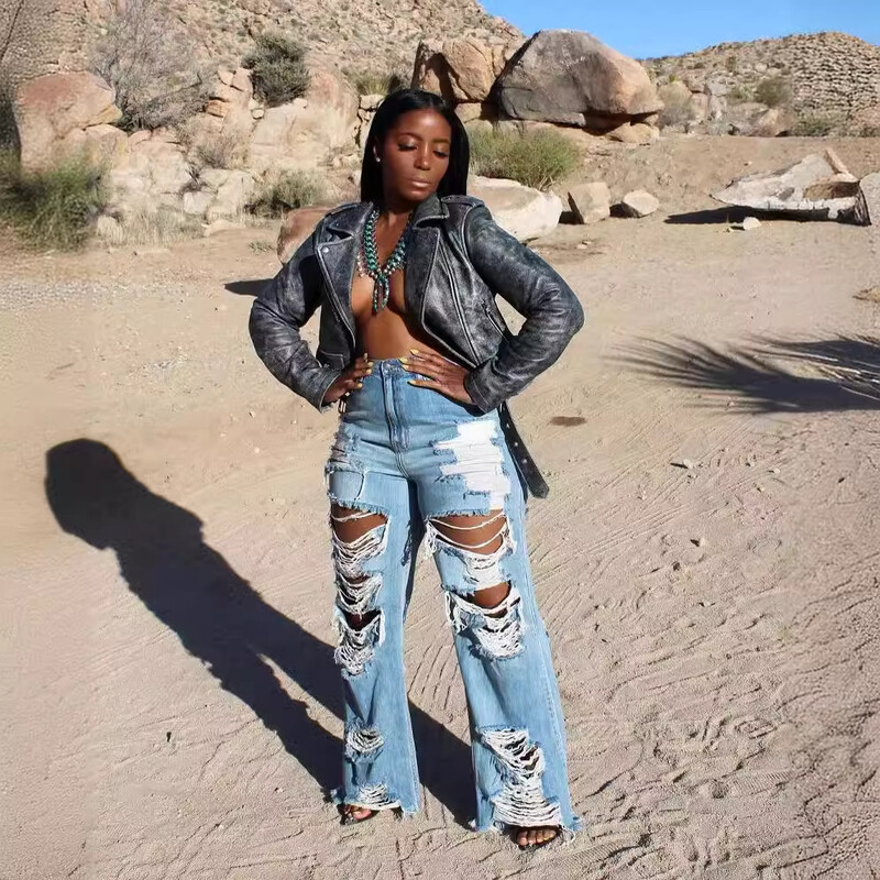 Džinsi Sieviešu garās bikses Elegantas, savienotas džinsa bikses Slim Fit Sexy caurums ar augstu vidukli, poga, kabata, taisnas bikses, 2024. gada vasara