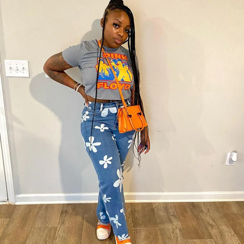 Augstas jostasvietas mazgātas vintage džinsu bikses ar ziedu apdruku Taisnās kājas džinsi sievietēm Stretch sieviešu bikses Taisnas mazgātas bikses