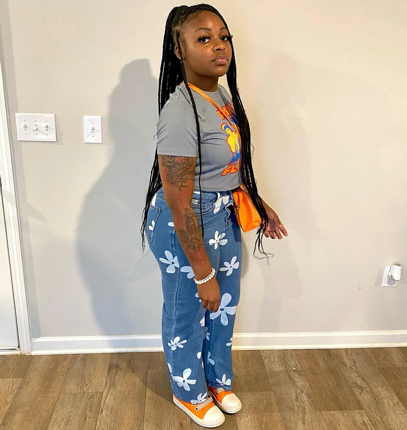 Augstas jostasvietas mazgātas vintage džinsu bikses ar ziedu apdruku Taisnās kājas džinsi sievietēm Stretch sieviešu bikses Taisnas mazgātas bikses