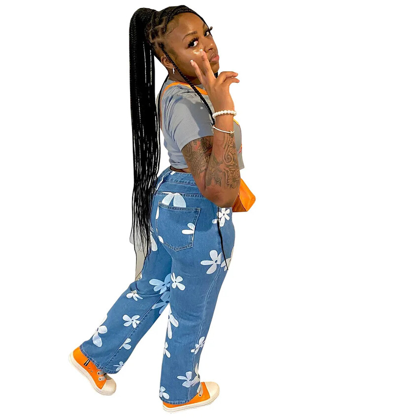 Augstas jostasvietas mazgātas vintage džinsu bikses ar ziedu apdruku Taisnās kājas džinsi sievietēm Stretch sieviešu bikses Taisnas mazgātas bikses