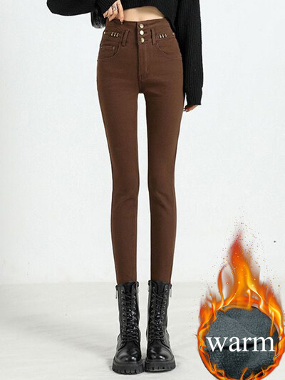 Elegants dizains Biezs, šaurs zīmulis Džinsi Sievietēm Stretch Augsts Viduklis Samta odere Džinsa bikses Ziemas Siltas Potītes Garums Vaqueros Jauns