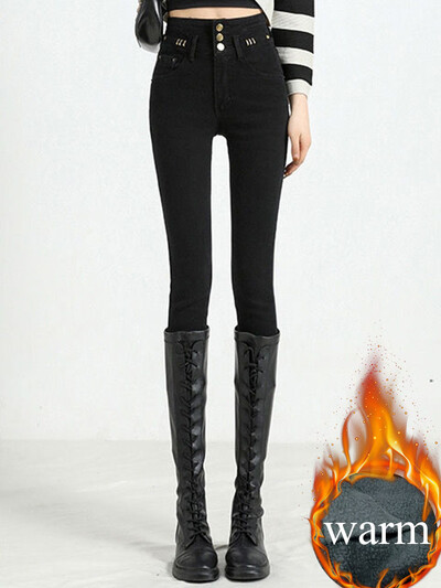 Elegants dizains Biezs, šaurs zīmulis Džinsi Sievietēm Stretch Augsts Viduklis Samta odere Džinsa bikses Ziemas Siltas Potītes Garums Vaqueros Jauns