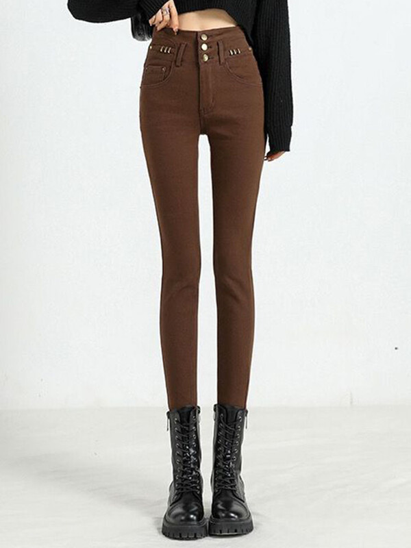 Elegants dizains Biezs, šaurs zīmulis Džinsi Sievietēm Stretch Augsts Viduklis Samta odere Džinsa bikses Ziemas Siltas Potītes Garums Vaqueros Jauns