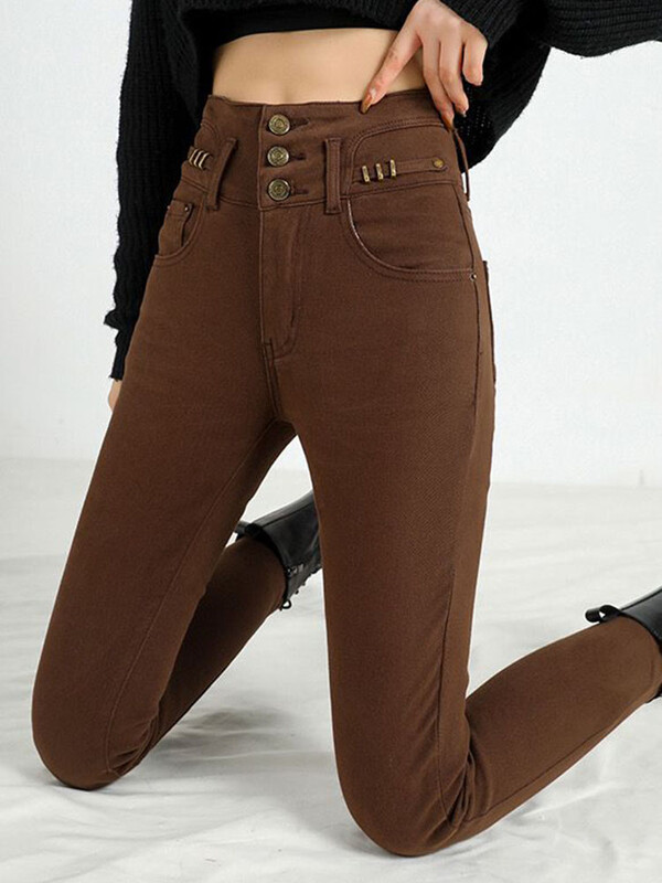 Elegants dizains Biezs, šaurs zīmulis Džinsi Sievietēm Stretch Augsts Viduklis Samta odere Džinsa bikses Ziemas Siltas Potītes Garums Vaqueros Jauns