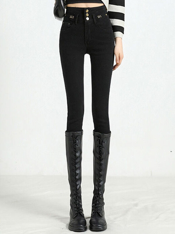 Elegants dizains Biezs, šaurs zīmulis Džinsi Sievietēm Stretch Augsts Viduklis Samta odere Džinsa bikses Ziemas Siltas Potītes Garums Vaqueros Jauns