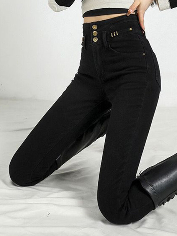 Elegants dizains Biezs, šaurs zīmulis Džinsi Sievietēm Stretch Augsts Viduklis Samta odere Džinsa bikses Ziemas Siltas Potītes Garums Vaqueros Jauns