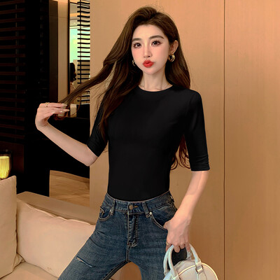 T-krekls sieviešu kokvilnas vidējām piedurknēm ar augstu kakla izgriezumu, tievu iekšējo apakšu, topi ar vidējām piedurknēm, mīksti, elpojoši