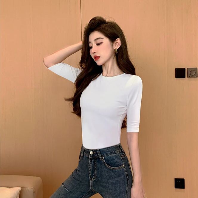 T-krekls sieviešu kokvilnas vidējām piedurknēm ar augstu kakla izgriezumu, tievu iekšējo apakšu, topi ar vidējām piedurknēm, mīksti, elpojoši