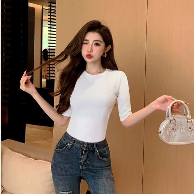 T-krekls sieviešu kokvilnas vidējām piedurknēm ar augstu kakla izgriezumu, tievu iekšējo apakšu, topi ar vidējām piedurknēm, mīksti, elpojoši