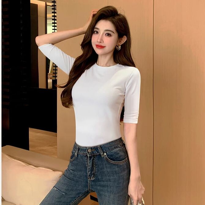 T-krekls sieviešu kokvilnas vidējām piedurknēm ar augstu kakla izgriezumu, tievu iekšējo apakšu, topi ar vidējām piedurknēm, mīksti, elpojoši