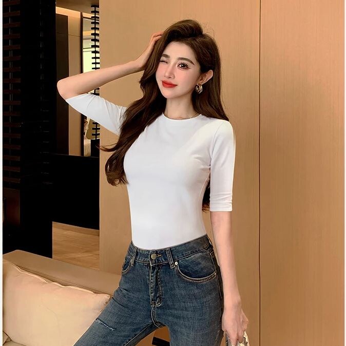 T-krekls sieviešu kokvilnas vidējām piedurknēm ar augstu kakla izgriezumu, tievu iekšējo apakšu, topi ar vidējām piedurknēm, mīksti, elpojoši