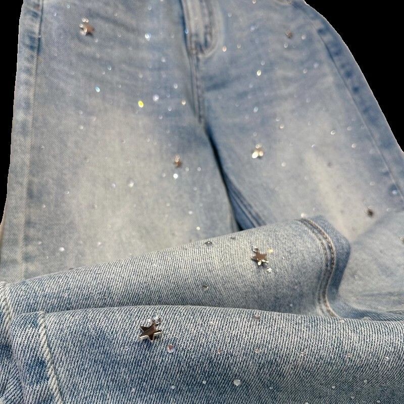 2024. gada pavasaris, jauni šauri taisni džinsi, sieviešu novājēšanas, modernas, Rhinestone sieviešu džinsu bikses