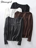 Pavasara ziemas modāls T krekls Sieviešu topi ar garām piedurknēm Brūni Basic Slim Big Deck Top T krekli Sieviešu džemperi Melni balti T-krekli 2025