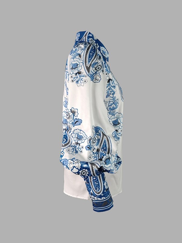 UOOZEE Vintage zili ziedu krekli ar apdrukātiem atlokiem sievietēm 2025. gada jauns pavasaris, vasara ar garām piedurknēm, pilsētas, gadījuma, eleganta blūze