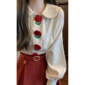 Sieviešu apģērbs Šiks ziedu pogas mīksts krekli ar garām piedurknēm pavasara rudens jauni brīvi vintage laternas piedurkņu krekli