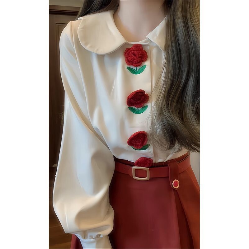 Sieviešu apģērbs Šiks ziedu pogas mīksts krekli ar garām piedurknēm pavasara rudens jauni brīvi vintage laternas piedurkņu krekli