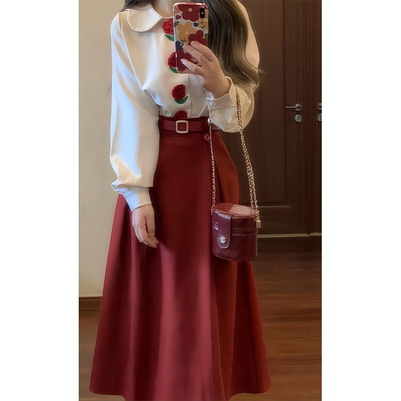 Sieviešu apģērbs Šiks ziedu pogas mīksts krekli ar garām piedurknēm pavasara rudens jauni brīvi vintage laternas piedurkņu krekli