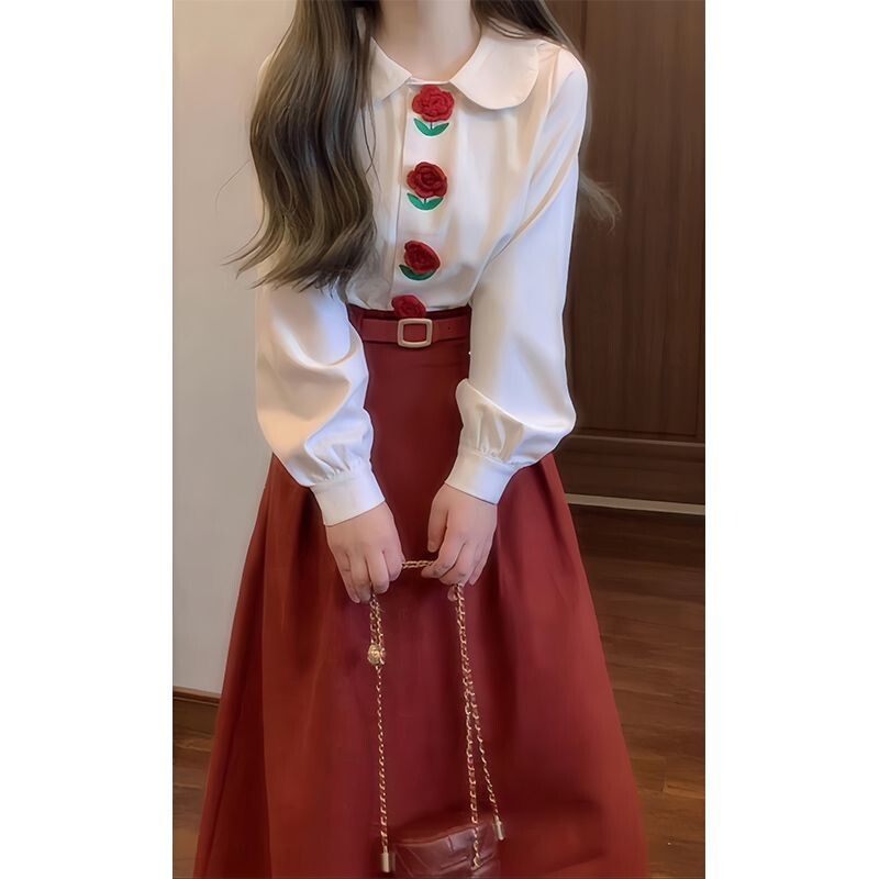 Sieviešu apģērbs Šiks ziedu pogas mīksts krekli ar garām piedurknēm pavasara rudens jauni brīvi vintage laternas piedurkņu krekli