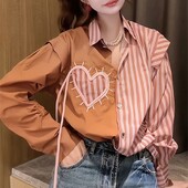 Дамско облекло Пролет Есен Корейски стил Раирана пачуърк риза Сладка шикозна блуза с връзки Ежедневни широки топове с дълъг ръкав