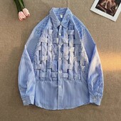 Pavasara rudens korejiešu modes raibās pogas, nolaižamās apkakles ar garām piedurknēm blūze sievietēm Trends Vispārīgi svītraini brīvi krekli