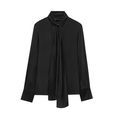 Дамска зимна риза с папийонка с яка и сатенена дамска мода в европейски и американски стил, ежедневен темперамент