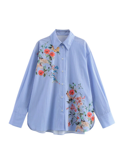 Kar&Otza 24 Jesen Novi proizvod Ženska ležerna majica s ovratnikom dugih rukava Opuštena prugasta košulja sa životinjskim uzorkom