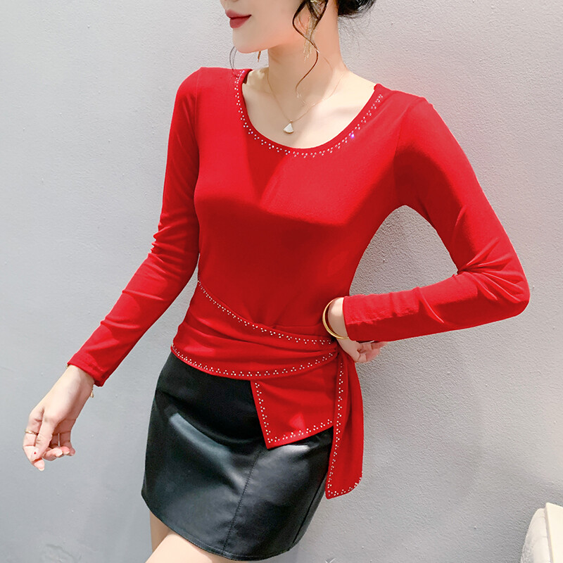 Dingaozlz Chic Style Naiste riided Teemandid O-kaelusega soliidne T-särk pikkade varrukatega vabaaja võrktopsid Naiste särgid