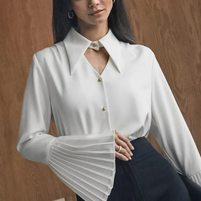 Пролет Есен Нова мода с обърната яка Пагода с ръкав Плътни пачуърк блузи Дамски дрехи Свободни ризи с копчета