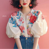 Temperamenta apdruka Brīvi, saldie kreklu topi Vasaras jauni īsām piedurknēm polo kakla izgriezums Vispārpiemērots Eleganta blūze Modes tendences Sieviešu apģērbi