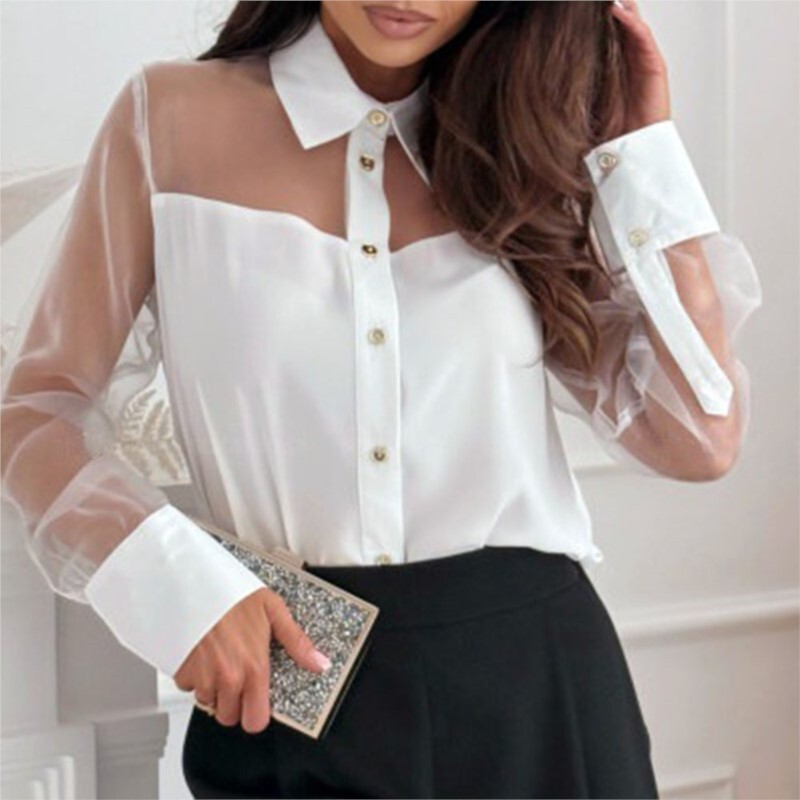 Sieviešu mežģīņu baltas blūzes 2025. gada jaunais pavasara un rudens elegantais melns atloks ar garām piedurknēm tīklveida krekls sievietēm, modes topi