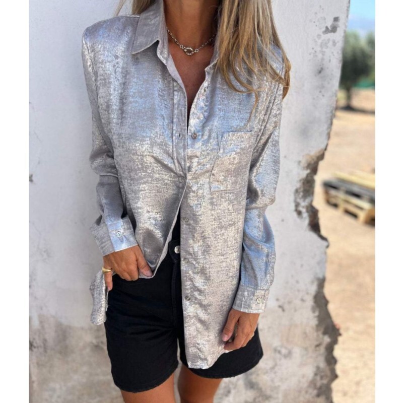 Sieviešu mirdzoši zeltaini garām piedurknēm modes blūze Vintage vienkrāsains brīvs krekls 2024. gada pavasara vasaras gadījuma augšdaļa Blusa Camisas