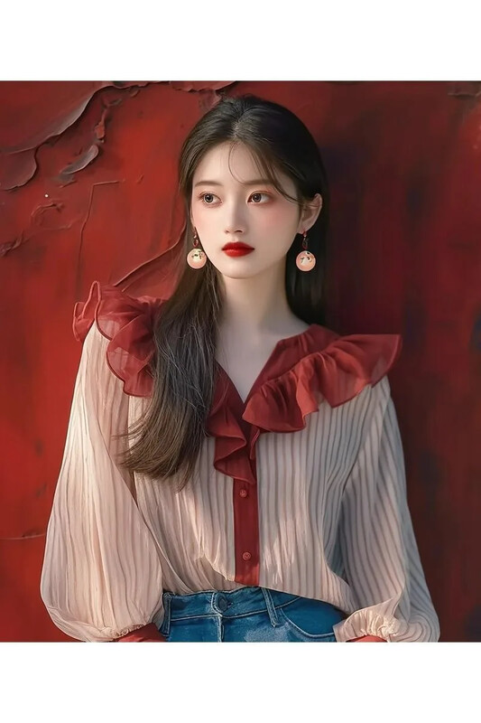 Винтидж дамски блузи на райета Пролет/Лято Нови пачуърк корейски ризи Свободни топове с волани V-образно деколте Разпродажби на дамско облекло