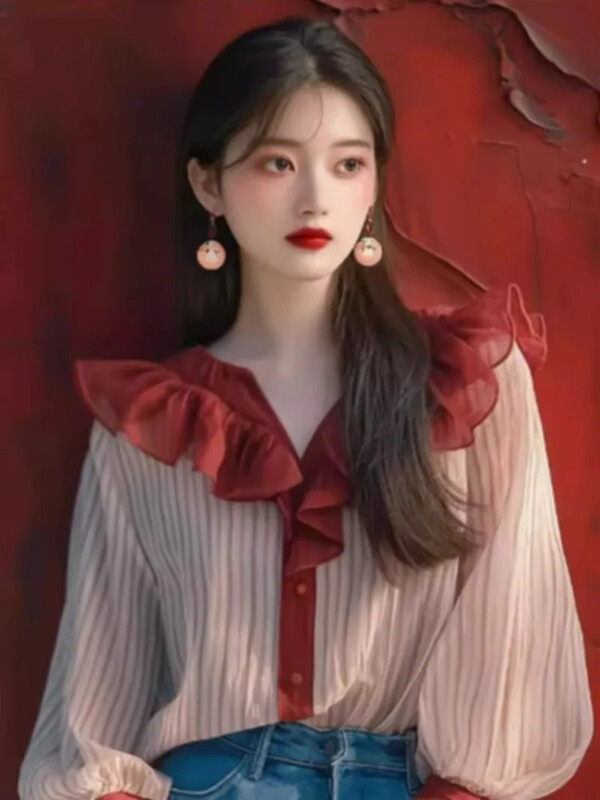 Винтидж дамски блузи на райета Пролет/Лято Нови пачуърк корейски ризи Свободни топове с волани V-образно деколте Разпродажби на дамско облекло