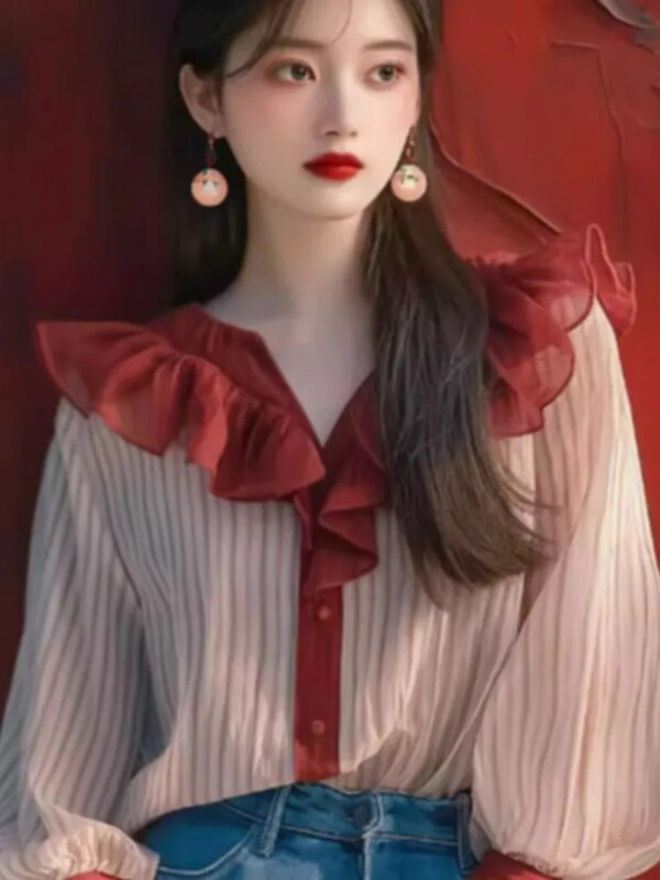 Винтидж дамски блузи на райета Пролет/Лято Нови пачуърк корейски ризи Свободни топове с волани V-образно деколте Разпродажби на дамско облекло