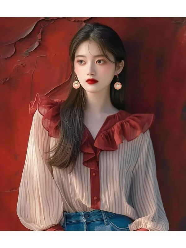 Винтидж дамски блузи на райета Пролет/Лято Нови пачуърк корейски ризи Свободни топове с волани V-образно деколте Разпродажби на дамско облекло