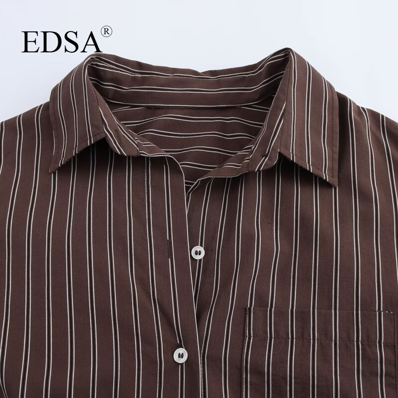 EDSA sieviešu brūns sikspārņu svītru krekls ar garām piedurknēm ar aprocēm, kabatas, aizpogājamas priekšpuses biroja sieviešu blūzei