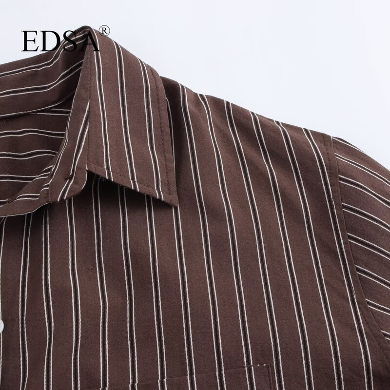 EDSA sieviešu brūns sikspārņu svītru krekls ar garām piedurknēm ar aprocēm, kabatas, aizpogājamas priekšpuses biroja sieviešu blūzei