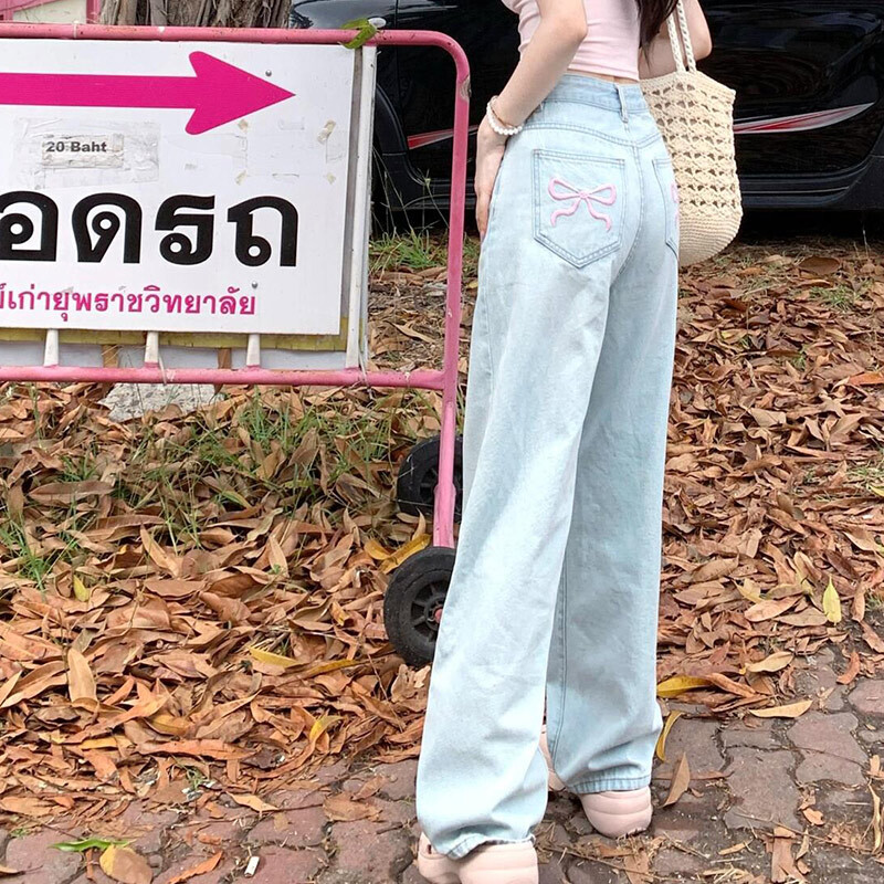 Zili džinsi sievietēm augstas kvalitātes ar augstu vidukli Amerikāņu platas bikses bantītes izšuvumi Y2K vintage taisnas vasaras bikses 2024