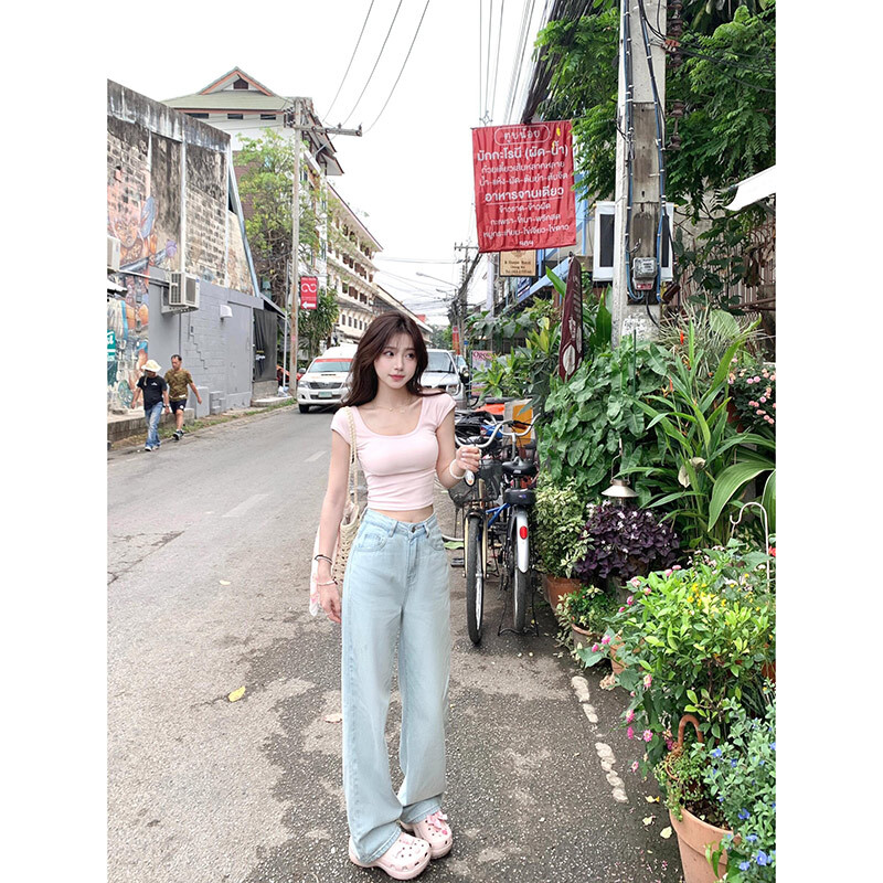 Zili džinsi sievietēm augstas kvalitātes ar augstu vidukli Amerikāņu platas bikses bantītes izšuvumi Y2K vintage taisnas vasaras bikses 2024