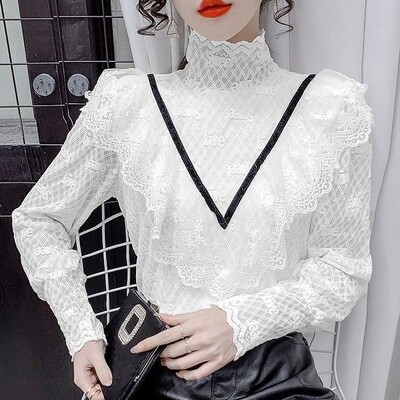 Mežģīņu volāni raibs krekls ar brīvu apakšu Pavasara rudens garām piedurknēm vienkrāsains elegants T krekls Topi Modes Birojs Sieviešu apģērbi