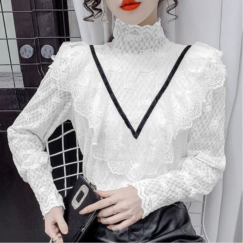 Mežģīņu volāni raibs krekls ar brīvu apakšu Pavasara rudens garām piedurknēm vienkrāsains elegants T krekls Topi Modes Birojs Sieviešu apģērbi