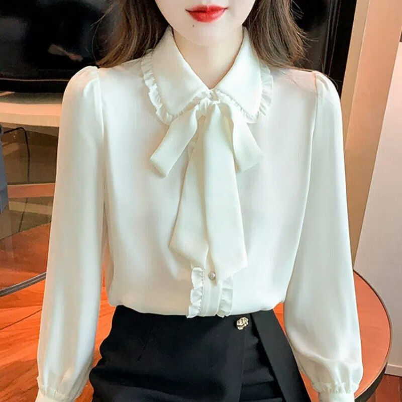 Pavasaris Rudens Jauna modes lelles apkakle ar garām piedurknēm vienkrāsainas blūzes sieviešu apģērbi bantes volāni poga brīvi, vispiemērotākie krekli