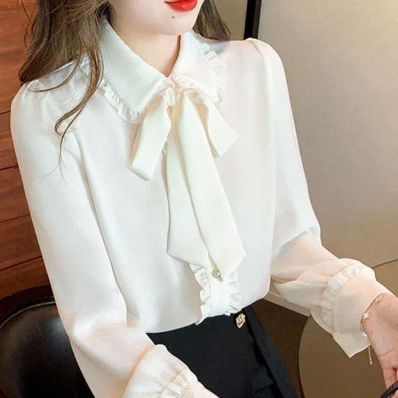 Pavasaris Rudens Jauna modes lelles apkakle ar garām piedurknēm vienkrāsainas blūzes sieviešu apģērbi bantes volāni poga brīvi, vispiemērotākie krekli